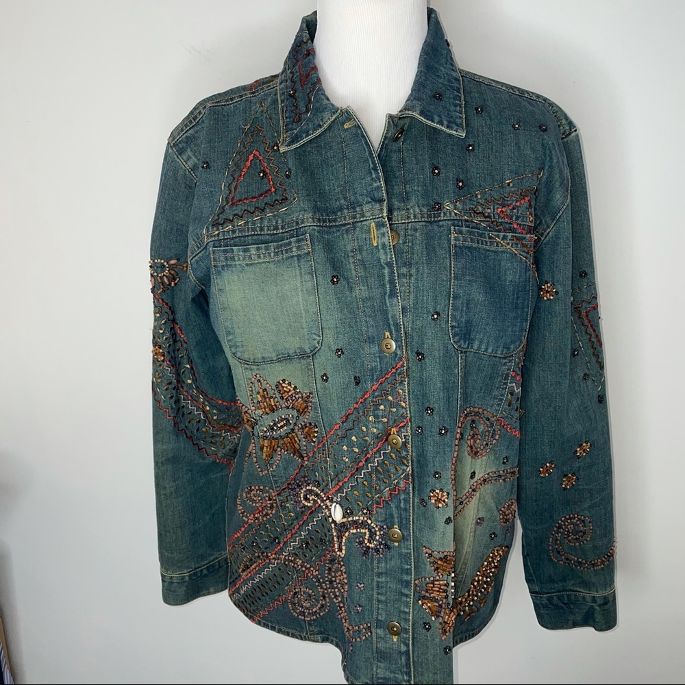 Chico's Embroidered Beaded Shell Denim Shirt